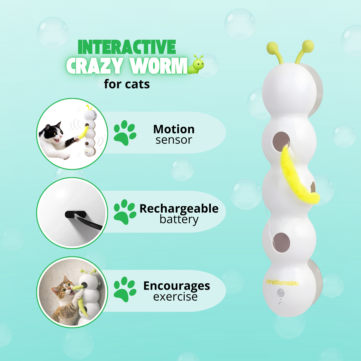 Gusano Loco Interactivo para Gatos 🐛 – Juguete Automático con Sensor de Movimiento